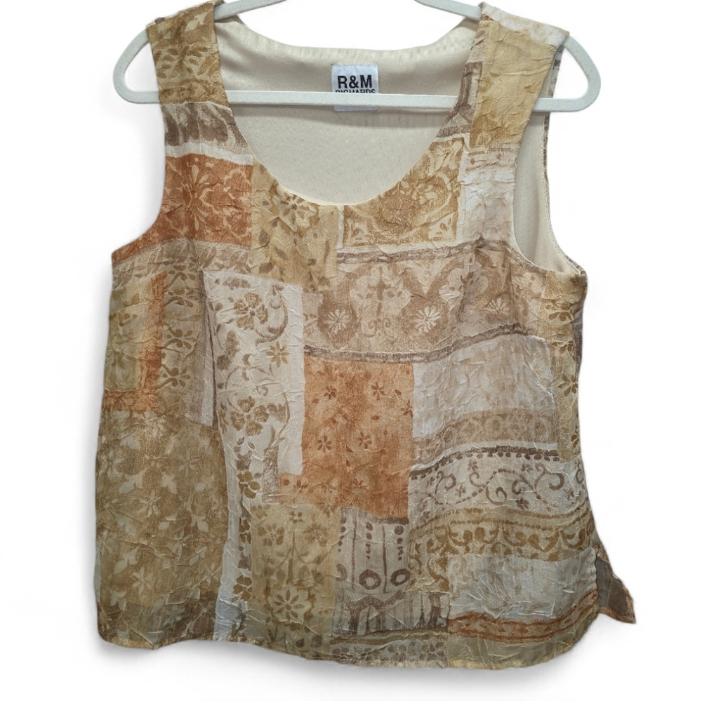 R&M Richards Boho Patchwork‎ Sleeveless Blouse Neutral Earth Tone Floral Tank